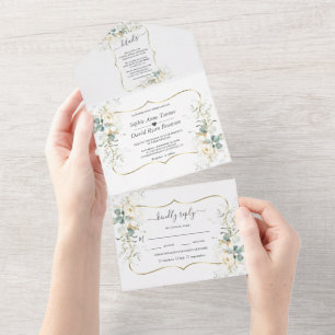 Elegant White Floral Eucalyptus Gold Wedding All In One Invitation