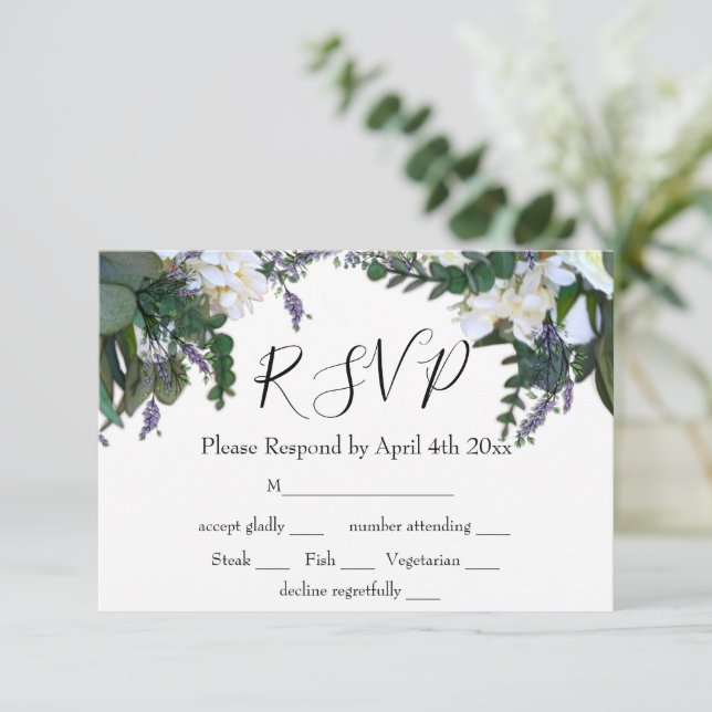 Elegant white floral eucalyptus lavender RSVP  (Standing Front)