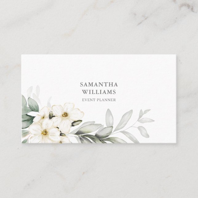 Elegant White Floral Event Planner QR Code  Business Card (Front)