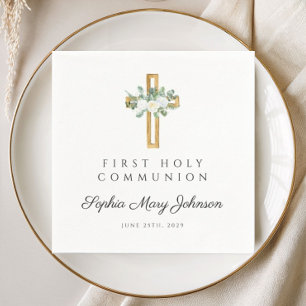 Elegant White Floral First Communion Napkin