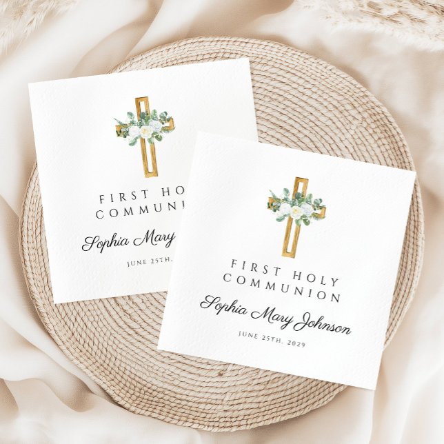Elegant White Floral First Communion Napkin (Elegant White Floral First Communion Napkins)