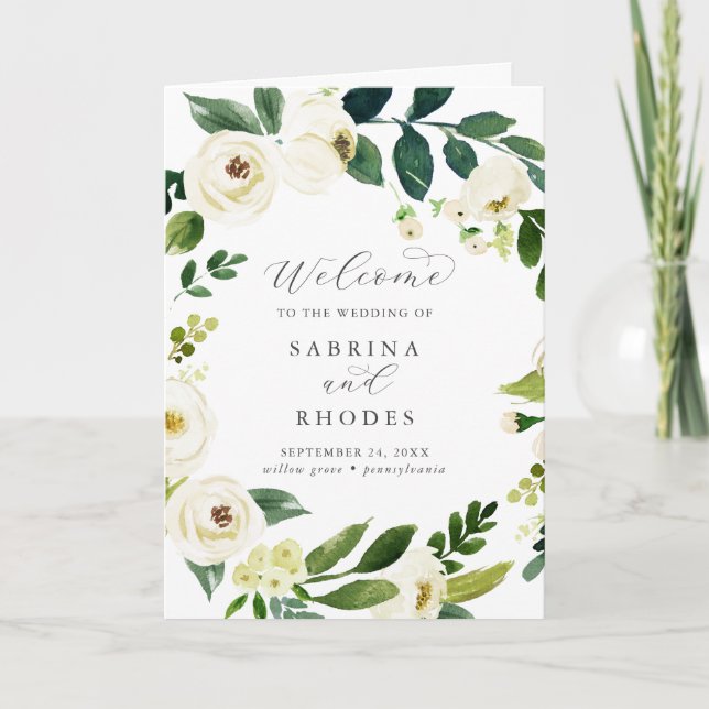 Elegant White Floral Folded Wedding Program Programme (Front)