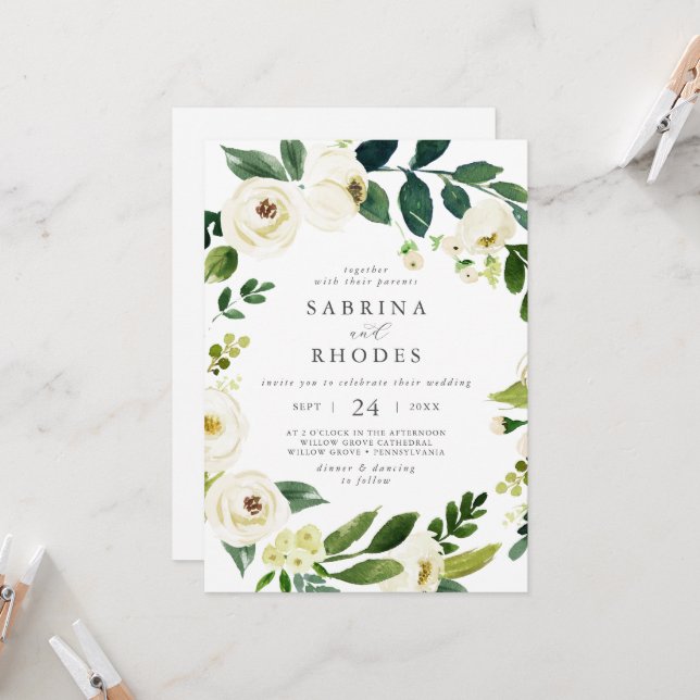 Elegant White Floral Front and Back Wedding Invitation (Front/Back In Situ)