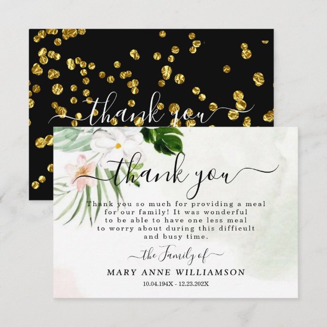 Elegant White Floral Funeral Food Thank You Card (Front/Back)