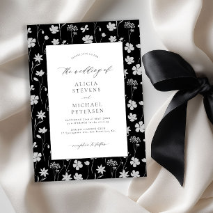 Elegant white floral garden black wedding invitation