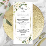 Elegant White Floral Geometric Wedding Menu Cards<br><div class="desc">A simple chic floral watercolor wedding menu card for the plate. Easy to personalize with your details. CUSTOMIZATION: If you need design customization,  please contact me through chat; if you need information about your order,  shipping options,  etc.,  please contact directly Zazzle support.</div>