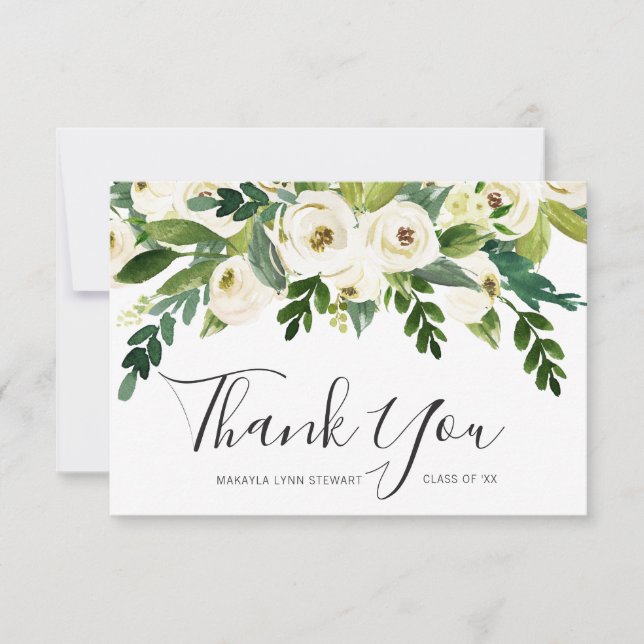 Elegant White Floral Girl Non Photo Graduation Thank You Card (Front)