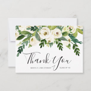 Elegant White Floral Girl Non Photo Graduation Thank You Card