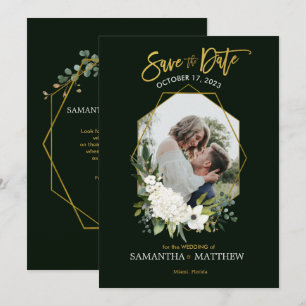Elegant White Floral Gold Black Geometric Photo Save The Date