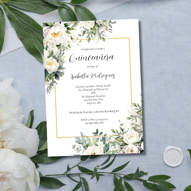 Elegant White Floral Gold Border Quinceañera Invitation (Elegant White Floral with Gold Border Quinceanera Invitation)