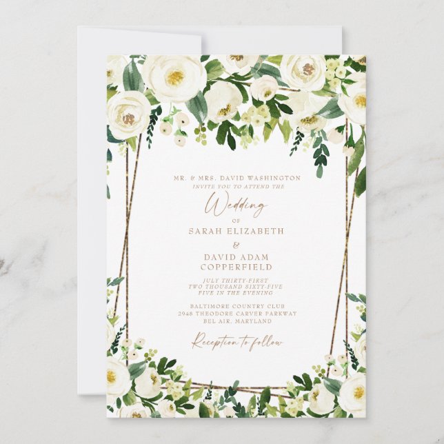 Elegant White Floral & Gold Formal Wedding Invitation (Front)