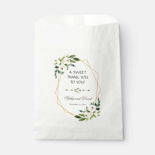Elegant White Floral Gold Frame THANK YOU Favour Bags (Front)