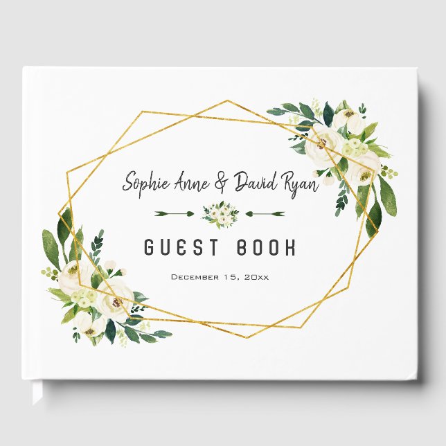 Elegant White Floral Gold Frame Wedding Planner Guest Book (Front)