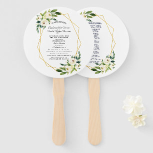 Elegant White Floral Gold Frame Wedding Program Hand Fan