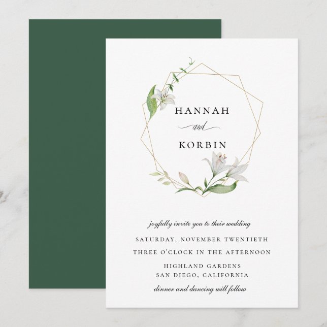 Elegant White Floral Gold Geometric Frame Wedding Invitation (Front/Back)