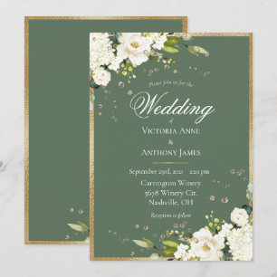 Elegant White Floral Gold Green Wedding  Invitation