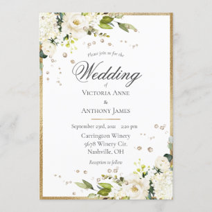 Elegant White Floral Gold Greenery Wedding Invitation
