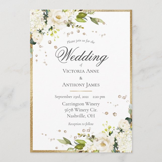 Elegant White Floral Gold Greenery Wedding Invitation (Front)