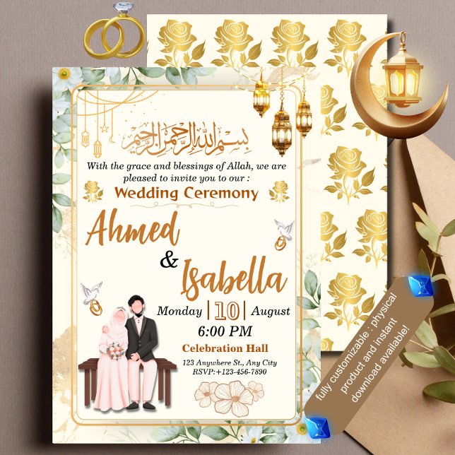 Elegant White Floral Gold Islamic Wedding Ceremony Invitation (Creator Uploaded)