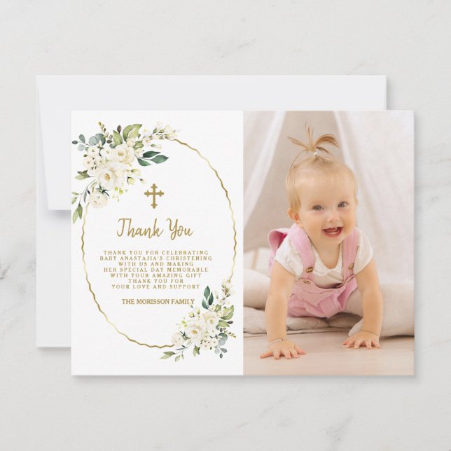Elegant White Floral Gold Photo Girl Christening Thank You Card (Front)