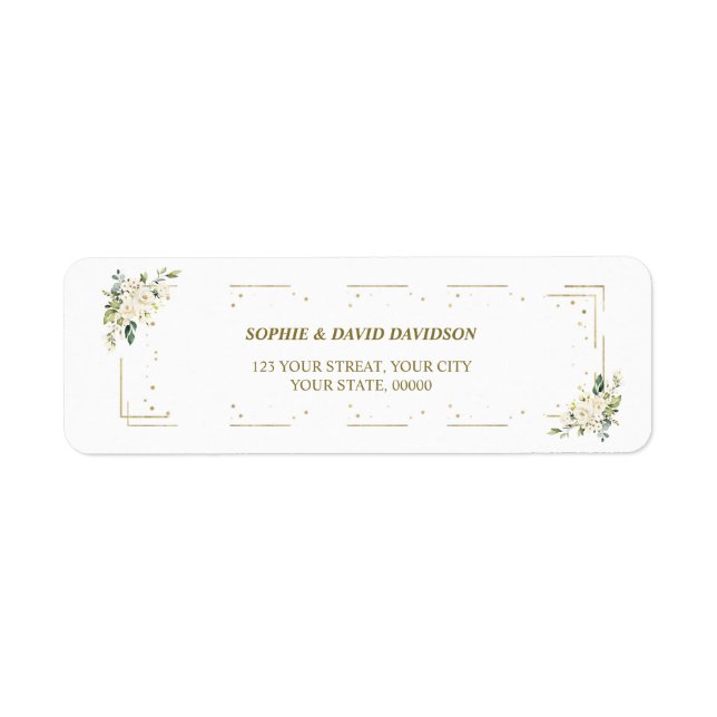 Elegant White Floral Gold Return Address Label (Front)