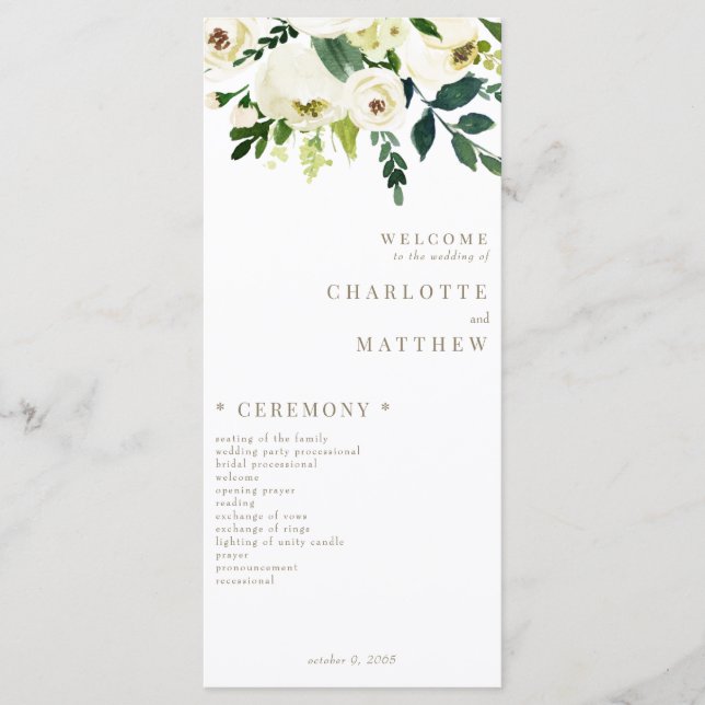 Elegant White Floral Gold Text Wedding Program Menu (Front)