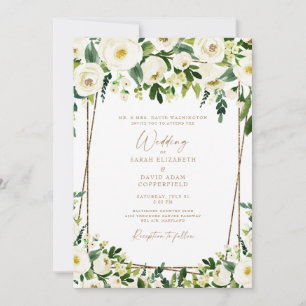 Elegant White Floral & Gold Wedding Invitation