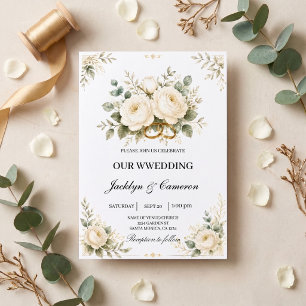Elegant White Floral & Gold Wedding Rings Invitation