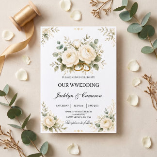 Elegant White Floral & Gold Wedding Rings Invitation