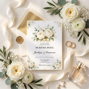 Elegant White Floral & Gold Wedding Rings Invitation