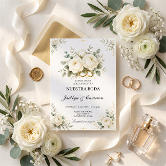 Elegant White Floral & Gold Wedding Rings Invitation