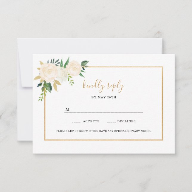 Elegant White Floral gold wedding rsvp (Front)