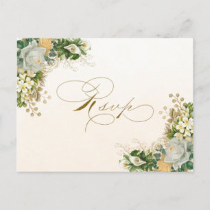 Elegant White Floral Gold Wedding RSVP Invitation Postcard