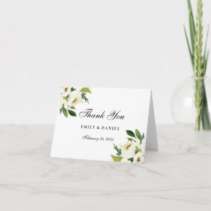 Elegant White Floral Green Leaf Thank You Card
