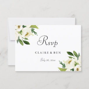 Elegant White Floral Green Leaf Wedding RSVP Card