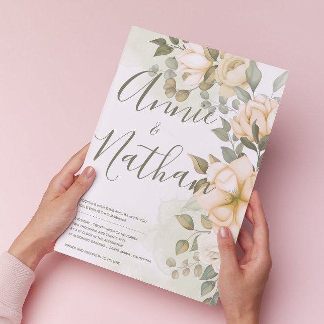 Elegant White Floral Green Leaves Script Wedding Invitation (Elegant White Floral Green Leaves Script Wedding Invitation)