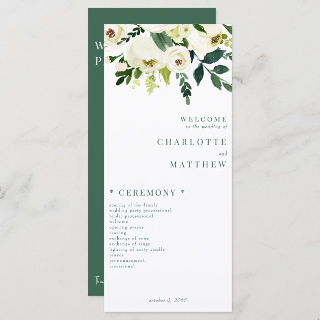 Elegant White Floral Green & White Wedding Program Menu (Front/Back)