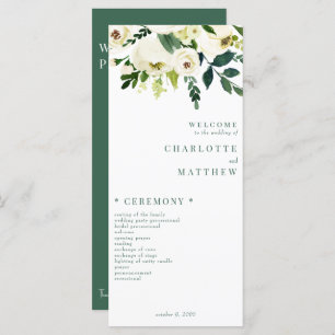 Elegant White Floral Green & White Wedding Program Menu