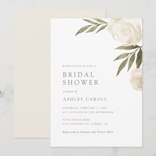Elegant White Floral Greenery Bridal Shower Invita Invitation (Front/Back)