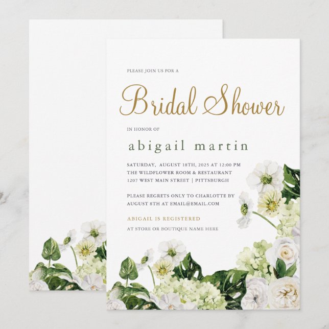 Elegant White Floral Greenery Bridal Shower Invitation (Front/Back)