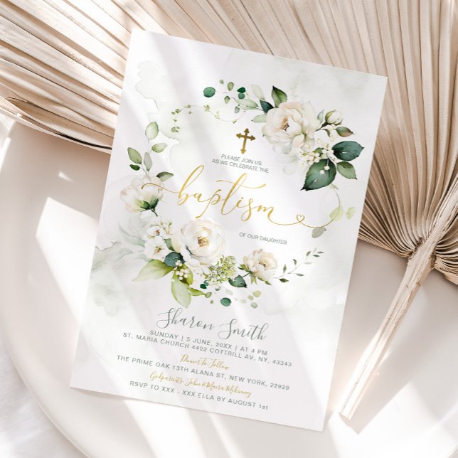 Elegant White Floral Greenery Christening Baptism Invitation (Creator Uploaded)