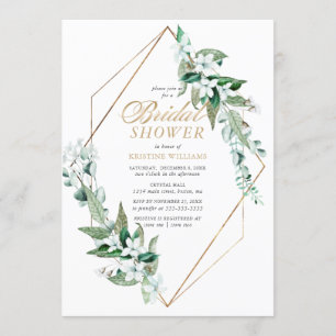 Elegant White Floral Greenery Gold Bridal Shower Invitation