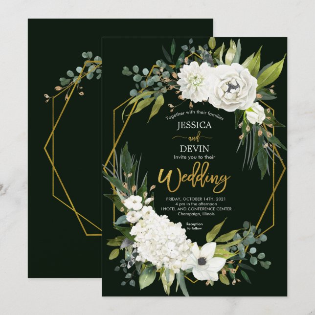 Elegant White Floral Greenery Gold Frame Wedding Invitation (Front/Back)