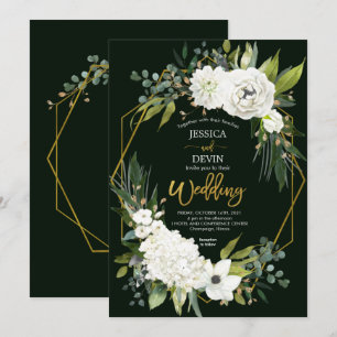 Elegant White Floral Greenery Gold Frame Wedding Invitation