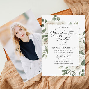 Elegant White Floral Greenery Graduation Party Invitation