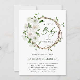 Elegant White Floral Greenery Simple Baby Shower Invitation