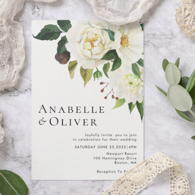 Elegant White Floral Greenery Wedding Invitation (Creator Uploaded)