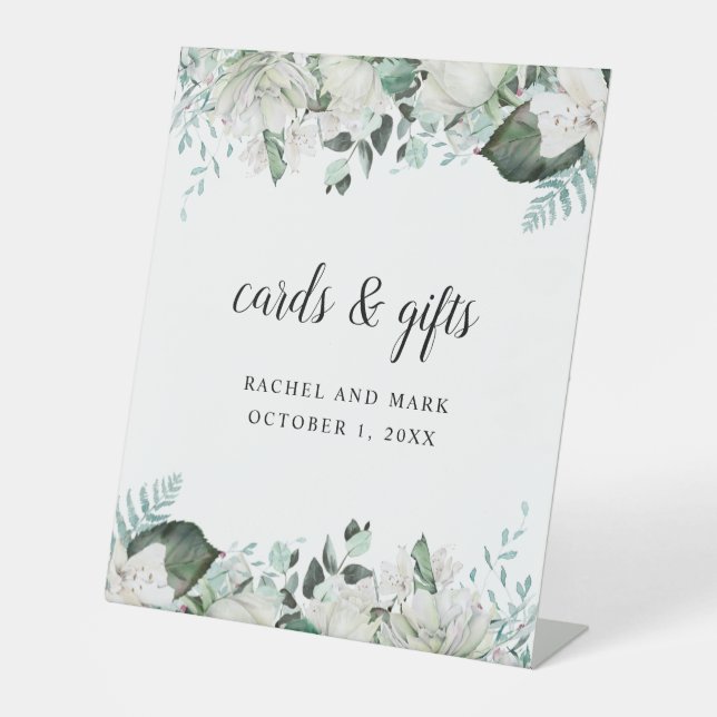 Elegant White Floral Greenery Wedding Pedestal Sign (Front)