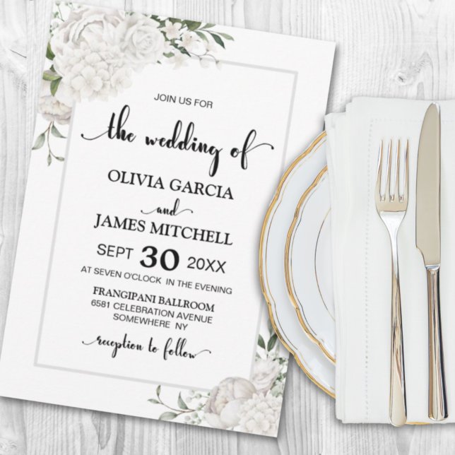 Elegant White Floral Grey Border Wedding Invitation (Creator Uploaded)