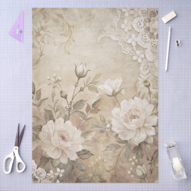 Elegant White Floral Grunge Decoupage Tissue Paper (Craft)